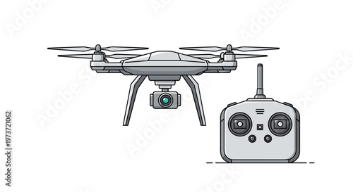 Modern white quadcopter drone with a camera mounted underneath is shown next to its remote control transmitter with antennas for aerial photography.