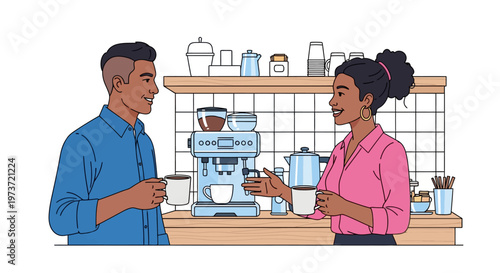 Diverse Colleagues Greeting at Office Coffee Station