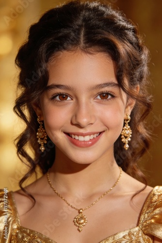Smiling young girl in ornate gold jewelry