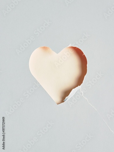 Minimalist heart shape hole cut into grey paper surface to reveal pale yellow layer for Valentines Day greeting card design background with copy space