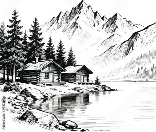 Isolated on Mountain lake cabins ink sketch vector art on white background
