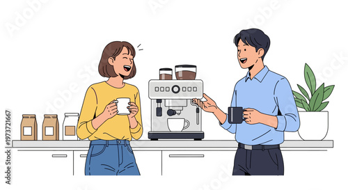 Happy Colleagues Chatting in Office Kitchen