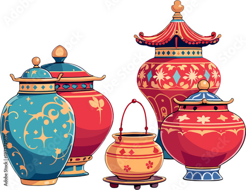 Decorative chinese ceramic vases with traditional patterns, oriental pottery illustration