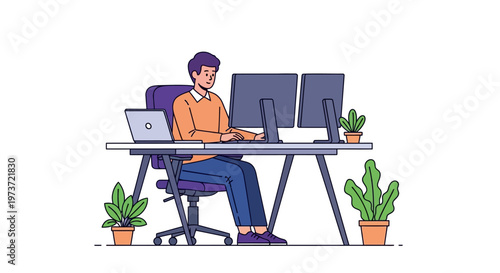 Professional Working at Ergonomic Dual Monitor Workspace
