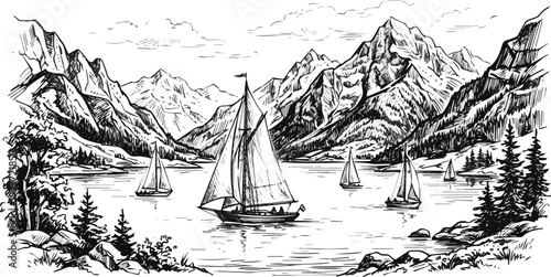 Isolated on Lake mountain sailboats ink sketch vector art on white background