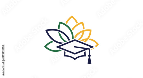 A stylized logo featuring a dark blue graduation cap with a tassel in front of layered green, yellow, and blue leaf-like shapes, symbolizing education and growth.