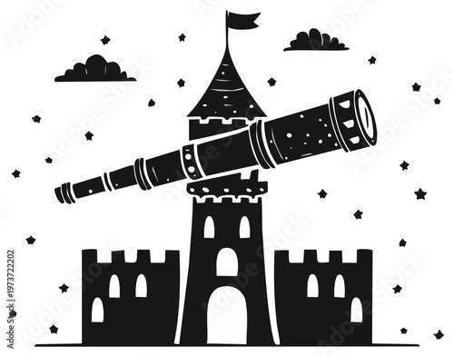 Vintage spyglass rests atop a castle tower under a starry sky and clouds