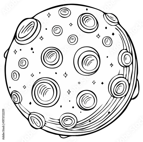 Cartoon cratered moon outline drawing for children's coloring book activity