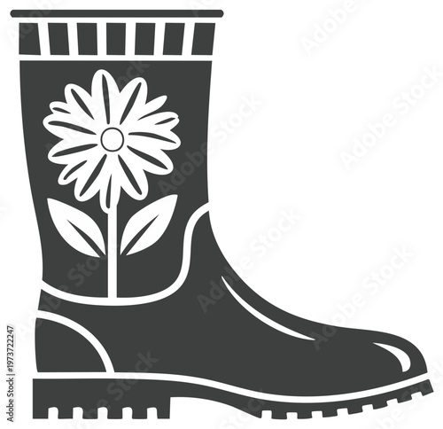 Stylized black rain boot with large flower design for garden work on rainy days or spring season