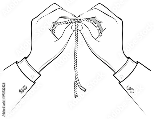 Hands Tying a Knot: Line Art Illustration Demonstrating Rope Handling