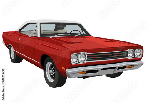 Classic American Muscle Car Illustration in Red and White
