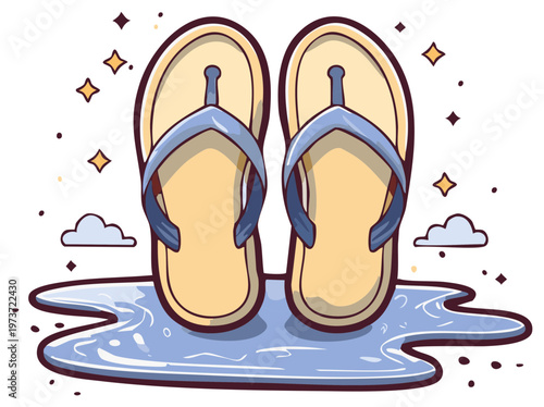 Pair of Summer Beach Flip Flops Standing in a Pool of Water with Stars and Clouds in a Cartoon Style