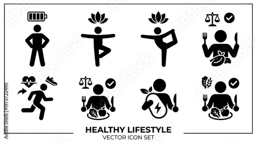 Healthy Lifestyle Icons Set Fitness Nutrition Sleep Wellness Vector