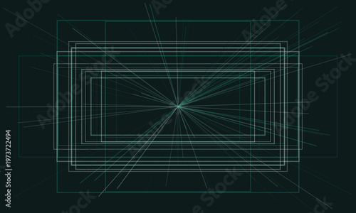 Concentric rectangles with radial lines emanating from center on dark teal background abstract