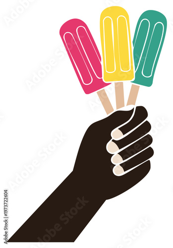 Illustration of a Dark Skinned Hand Holding Colorful Summer Popsicles Ice Cream Treats