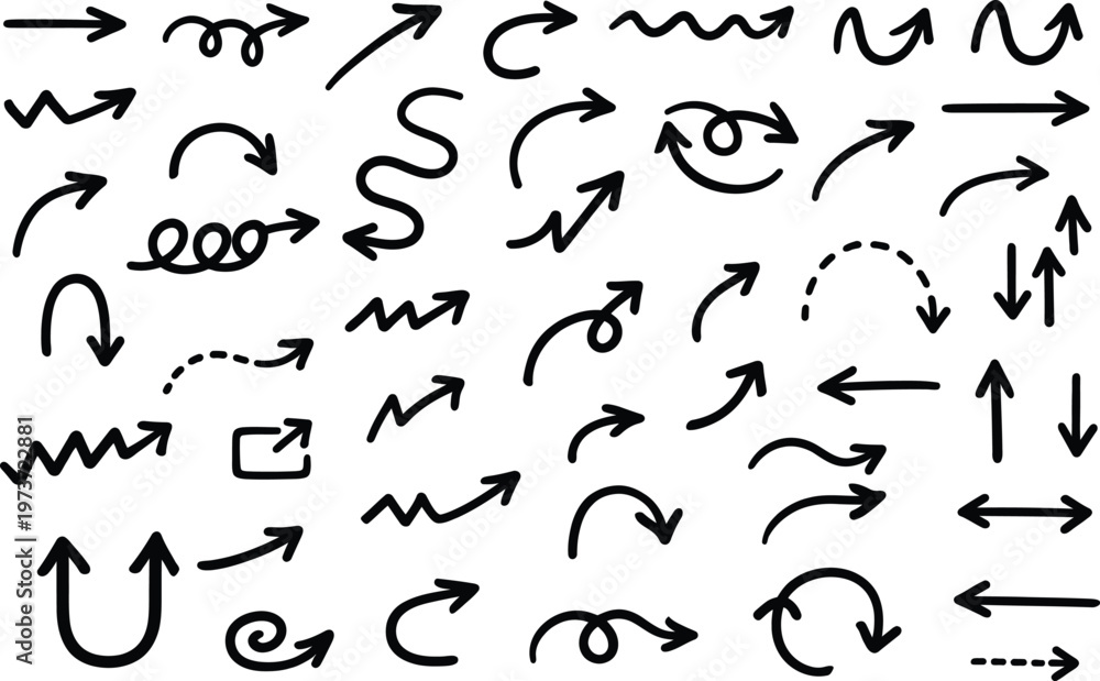 Naklejka premium Collection of hand drawn black arrows and directional indicators on a white background