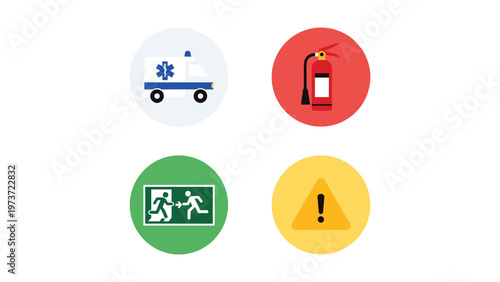 Cuadro en lienzo Four essential safety and emergency service icons displayed in colored circles