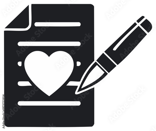 Document with heart symbol and pen writing a love letter or message icon