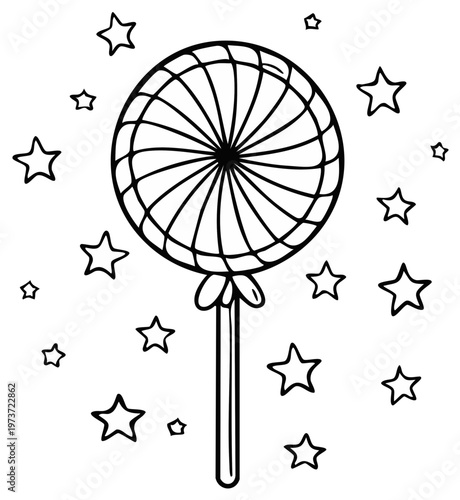 Whimsical Swirl Lollipop Surrounded by Sparkling Stars Simple Hand Drawn Illustration
