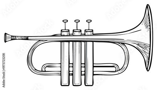 Hand-drawn sketch of a brass trumpet with three valves and a flared bell.