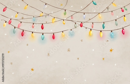 colorful christmas lights hang across a tan background