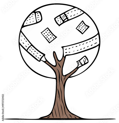 Cartoon tree with bandages, representing healing and nature.