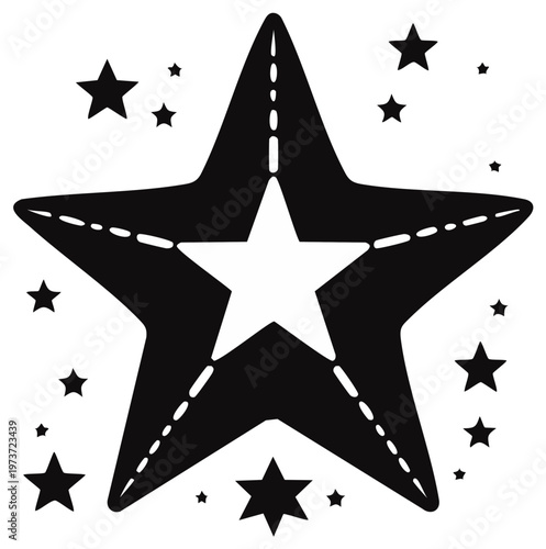 Graphic black and white star featuring dashed road lines a clear central white star and many small stars