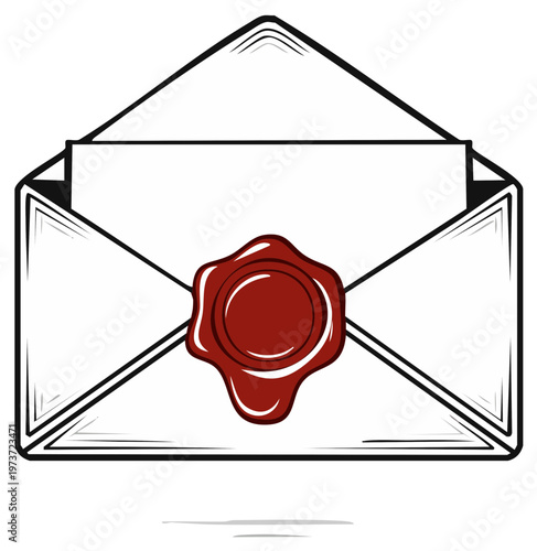 Open Envelope with Red Wax Seal and Letter Inside, Hand-Drawn Sketch Style
