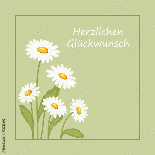 Herzlichen Glückwunsch - Schriftzug in deutscher Sprache. Quadratische Grußkarte mit hübschen Gänseblümchen.