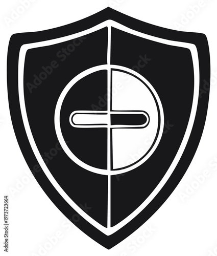 Security Shield with Minus Symbol inside Circle Protection Safeguard Icon Black and White