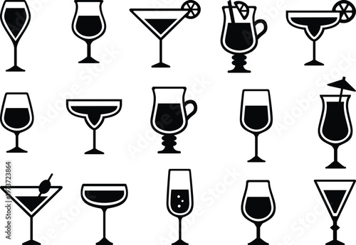 Variety of cocktail glasses a black and white illustration of Vector alcoholic beverage containers