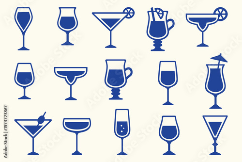 Vector Collection of blue cocktail glasses and beverage containers in a minimalist style