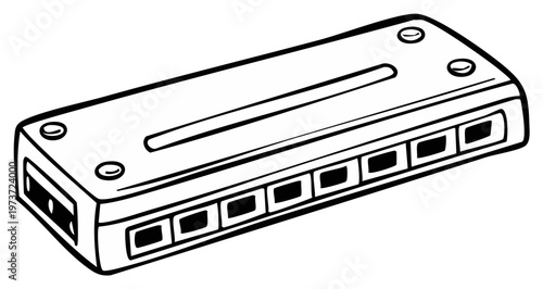 Black and white line art illustration of a classic harmonica musical instrument for blues or folk music