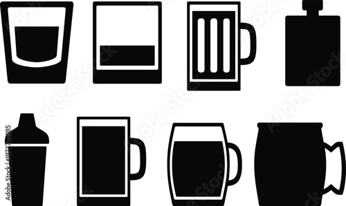Title black and white silhouette collection of various drinking vessels and barware description a minimalist monochrome illustration showcasing a diverse array of