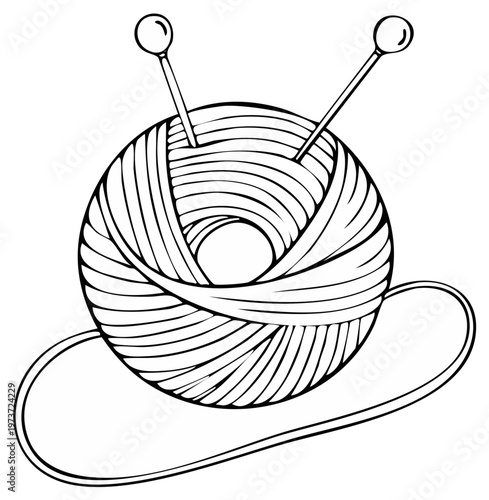 Sketch of a ball of yarn with knitting needles, an isolated image against a white backdrop, craft supplies, hobby materials.