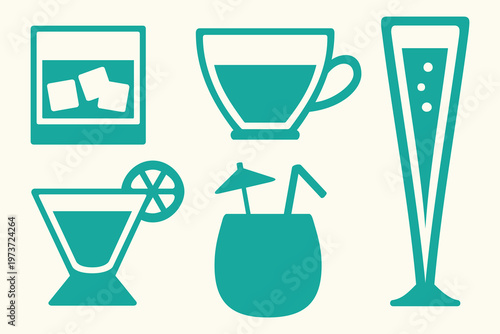Vector Variety of teal cocktail glasses and drinkware icons on a pale background