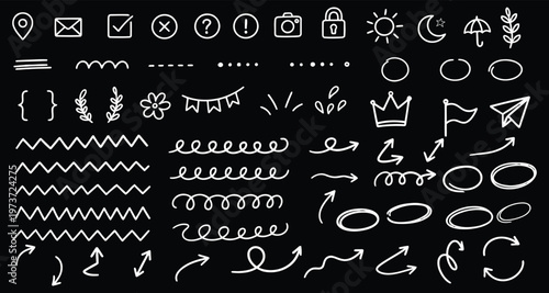Hand Drawn White Doodle Icon Set on Black Background