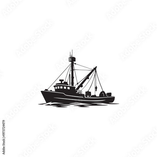 Fishing boat silhouette vector white background.