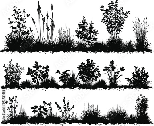 Generated on Grass and bush silhouettes set, shrubs and plants, black vector icons, landscape borders, garden design elements vector art on white background