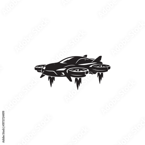 Futuristic flying car silhouette vector white background.