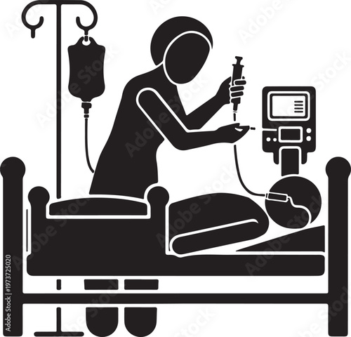 Nurse Administering Ventilator Sedation Silhouette