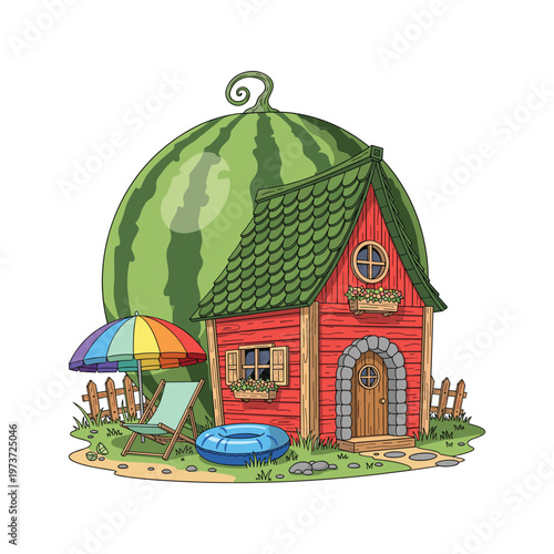 A whimsical illustration of a house built inside a large watermelon with beach accessories