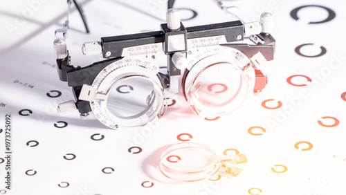 Fotografie Eye exam equipment rests on a vision chart