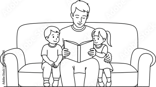 A heartwarming illustration depicts a father reading a book to his two young children on a comfortable sofa