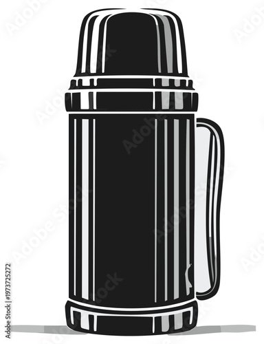 Black and white illustration of a vacuum flask thermos