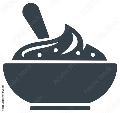 Simple flat icon of a bowl of porridge or oatmeal with a spoon for breakfast