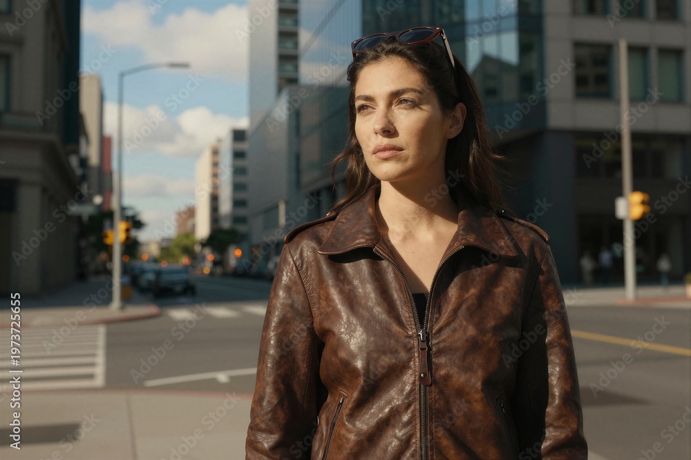 Fototapeta premium Woman standing confidently on downtown city street intersection