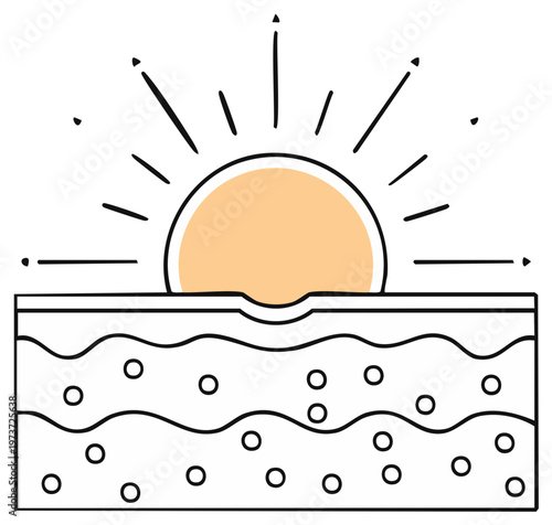 Conceptual illustration of sun rays penetrating skin layers with cellular structure