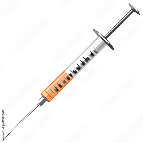 Medical syringe with orange liquid and sharp needle isolated on white background