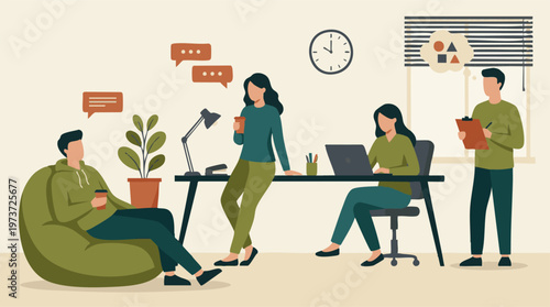 Diverse team collaborating in a modern casual office workspace with flat design